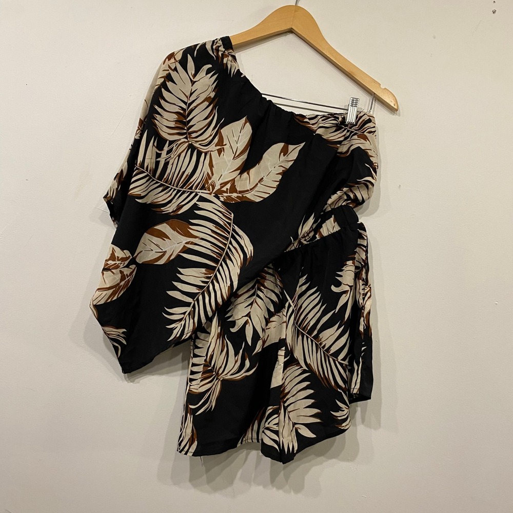 Tropical Palm Leaf One Shoulder Romper Black Tan Cream Beach Vacation Summer